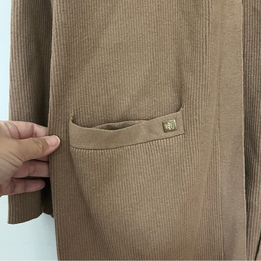 Lauren Ralph Lauren Open Front Cardigan Sweater Ribbed Knit Tan Brown Womens M - Picture 6 of 12
